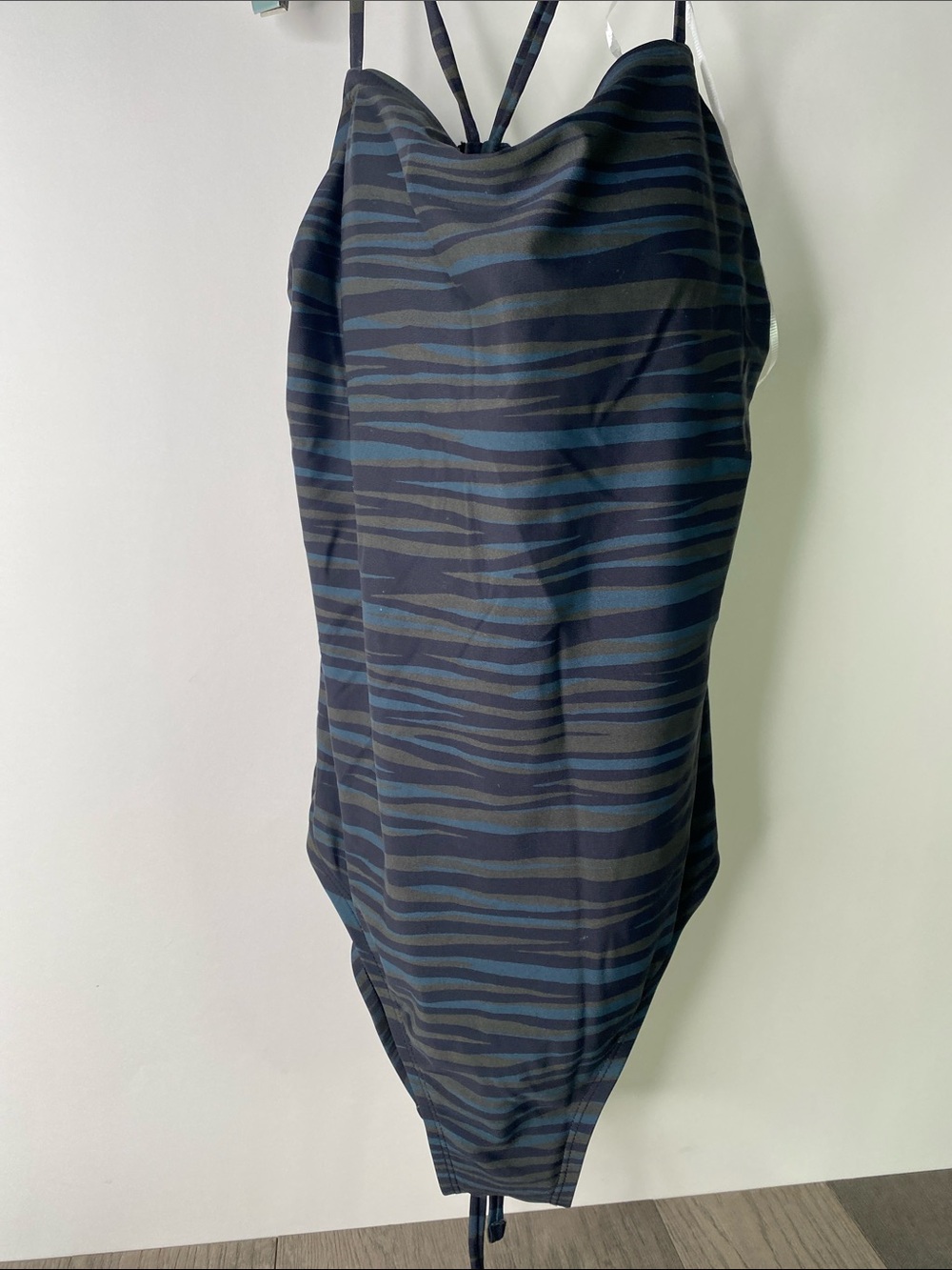 Kona Sol Navy and Teal Striped One-Piece Swimsuit Size Medium Open Back - 1483